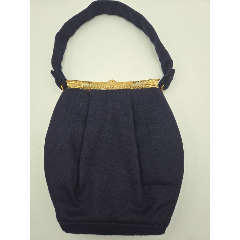 Vintage MCM 1950s Handbags By G.D.K. Ornate Jeweled Frame Clasp Navy Wool